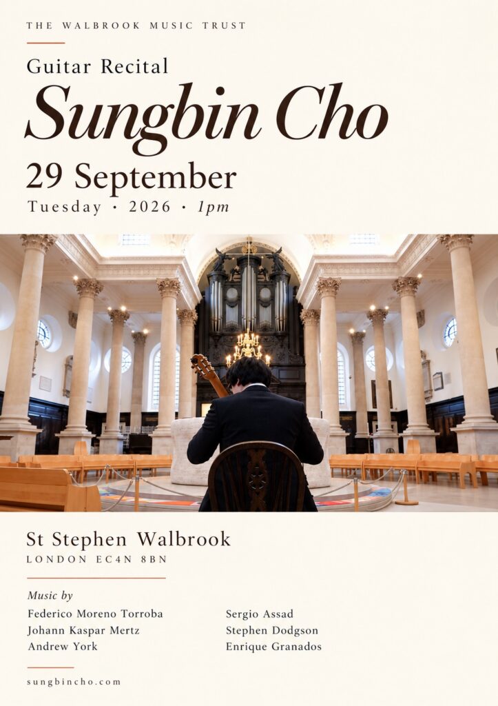 Concert poster for Sungbin Cho's 29 September 2026 recital at St Stephen Walbrook; photograph by Yunyoung Shin