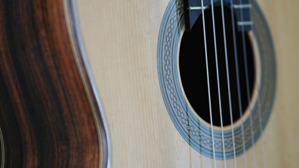 Close-up of acoustic guitar strings, illustrating the craft of the guitar at Tokyo's 2026 Stringed Instrument Fair